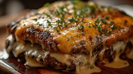 Mouthwatering Close-Up of Juicy Hamburger with Gooey Melted Cheese and Fresh Herbs on a Wooden Board