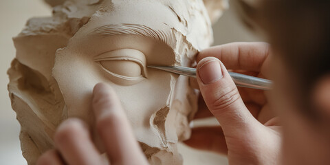 A close-up image of an artist meticulously shaping an eye on a clay sculpture with precision tools, illustrating the artistry and intricacy of sculptural work.