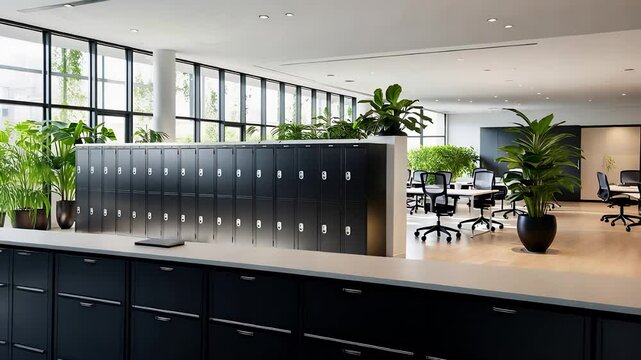 Modern Office Space with Natural Light, Green Plants, Black Lockers, Open Desk Layout, and Clean Aesthetic

