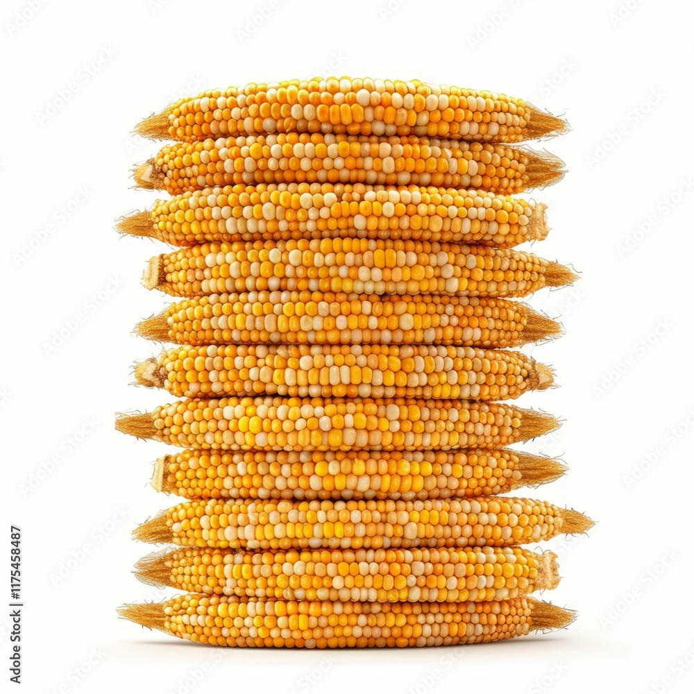 Poster ripe corn cobs forming a vertical stack, isolated on a white background, creating a visually appeali