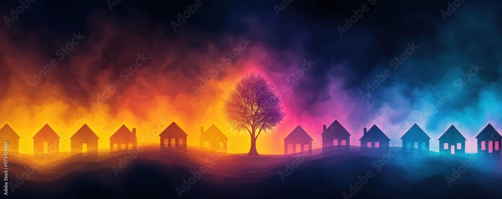 Poster a vibrant silhouette of houses against a colorful gradient background featuring a central tree, crea