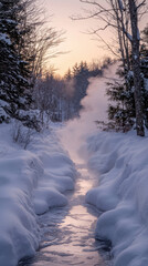 Fototapeta premium serene hot spring flows through snowy landscape at sunset, creating steam