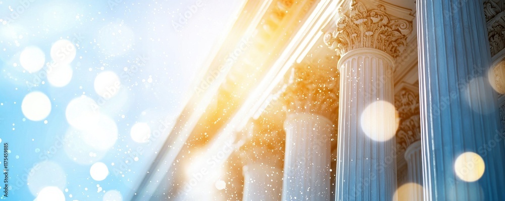 Poster A bright, ethereal view of classical columns with a soft light background, creating a serene and majestic atmosphere.