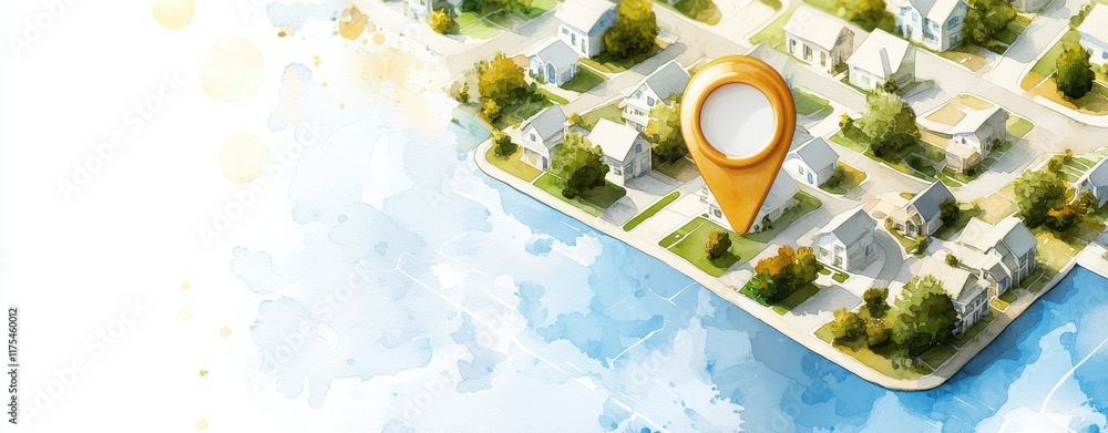 Poster a colorful map illustration featuring a marker indicating a specific location within a neighborhood 