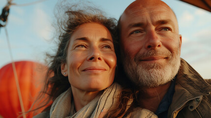 Fototapeta premium Couple smiling in a hot air balloon at sunset.