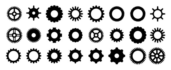 Gears shapes line icons. Flat machine gear icon. Wheel cogwheel vector. Simple outline isolated elements. Black gear.