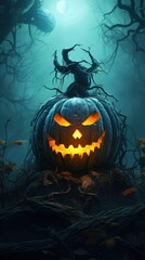 Glowing jack-o'-lantern in spooky forest at night.