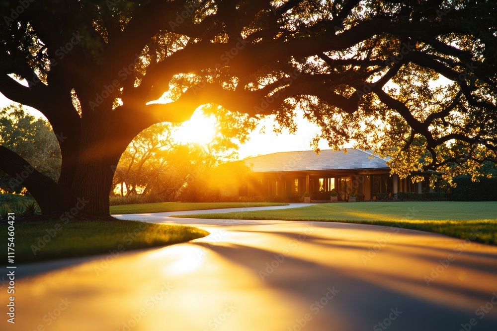 Poster a serene sunset illuminates a tree and a pathway leading to a rustic building, creating a tranquil a