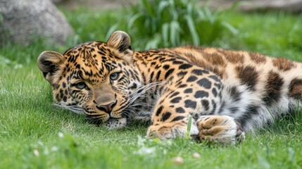 Obraz premium Majestic Amur Leopard Resting in Lush Green Grass