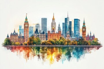 Obraz premium A Watercolor Cityscape Featuring Famous Landmarks and Modern Buildings