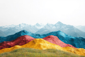 Colorful Hills Against a Snowy Mountain Range Background