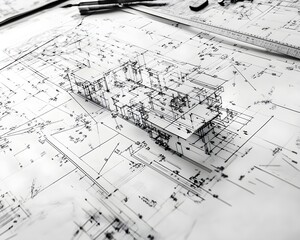 Architectural House Blueprint, 3D Model Sketch