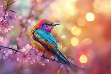 Vibrant Rainbow Bird Perched On Blossoming Branches