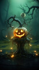 Jack-o'-lantern glowing on a spooky, gnarled tree in a misty swamp at night, with a full moon.