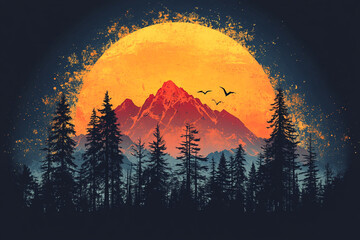 Majestic Mountains Sunset Forest Silhouette Artwork