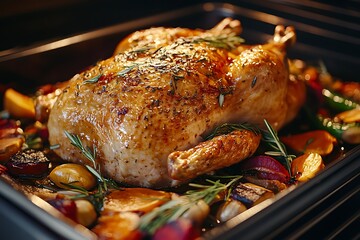 Delicious roast chicken with vegetables roasting in the oven