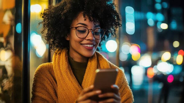 Joyful Moment: A Woman Using Her Smartphone in a Cozy Evening Setting - Powered by Adobe
