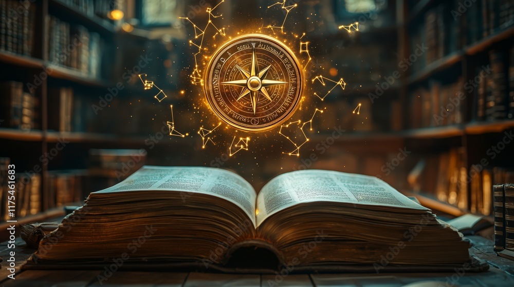 Poster magical compass floating above open ancient book in library