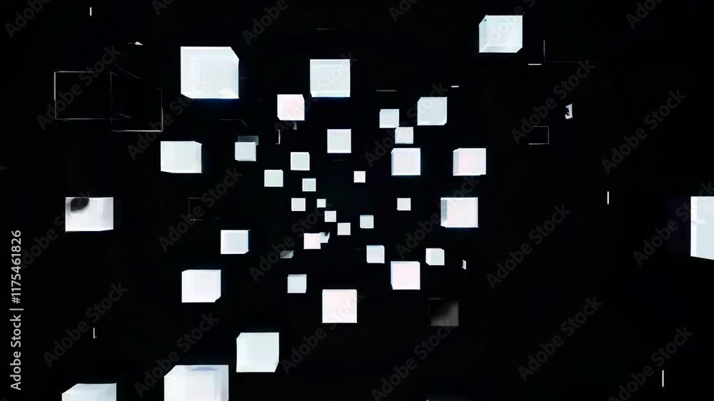 Poster abstract view of floating cubes in a dark environment, representing digital innovation and modern te