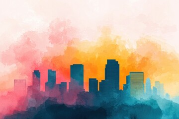 Fototapeta premium A vibrant watercolor skyline featuring colorful hues of orange, pink, and blue, creating a dreamy urban landscape.