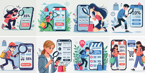 Vector set of a teenager hunting for discounts in a shopping application with a simple flat design style.