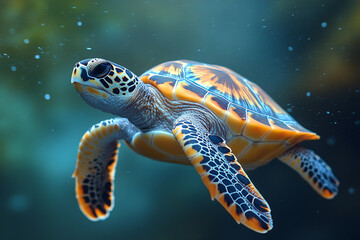 Fototapeta premium Vibrant Sea Turtle Gracefully Swimming Underwater