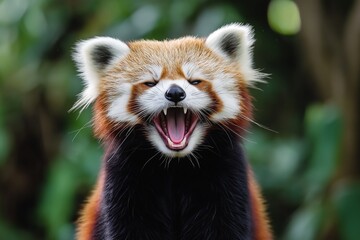 Obraz premium A playful red panda beams with a charming grin, nestled among vibrant foliage in its natural habitat.