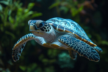 Fototapeta premium Juvenile Sea Turtle Swimming Underwater Gracefully