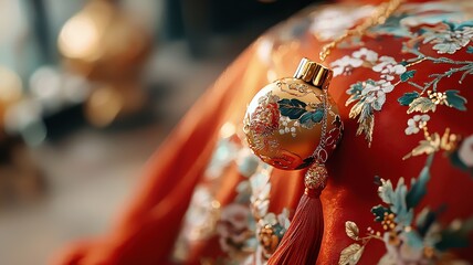 Fototapeta premium Close-up of a golden tassel attached to a red silk sash, intricate knotting visible in high resolution, traditional festive decor.
