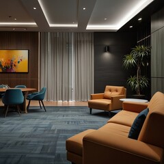 Fototapeta premium A contemporary, cozy workspace with a formal meeting room and a staff rest area