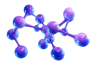 Purple 3D representation of a protein molecule against a blue background, scientific illustration. PNG transparent.