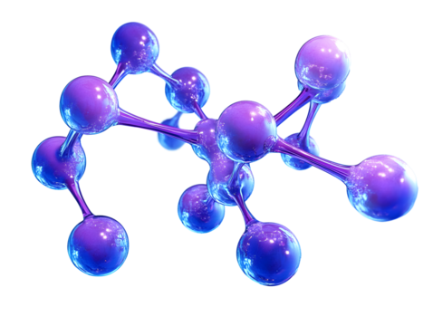 Purple 3D representation of a protein molecule against a blue background, scientific illustration. PNG transparent.