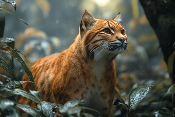 Obraz premium Rusty coated bobcat in rainforest during rainfall