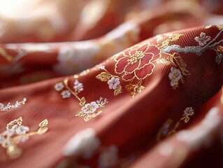 Close-up of intricate floral embroidery on red brocade fabric, golden threads glowing softly under warm lighting, festive elegance.
