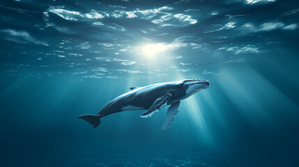 Fototapeta premium Humpback whale illuminated by light underwater