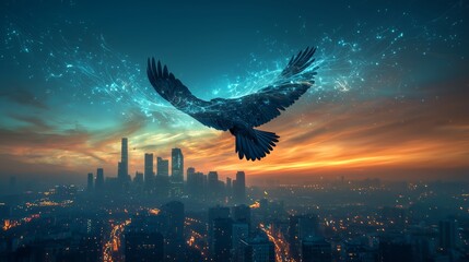 Obraz premium Majestic Eagle Soaring Above City Skyline at Dusk with Light Effects