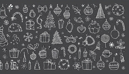 Set of hand drawn outline holiday christmas icons. Doodle childish elements. Huge collection