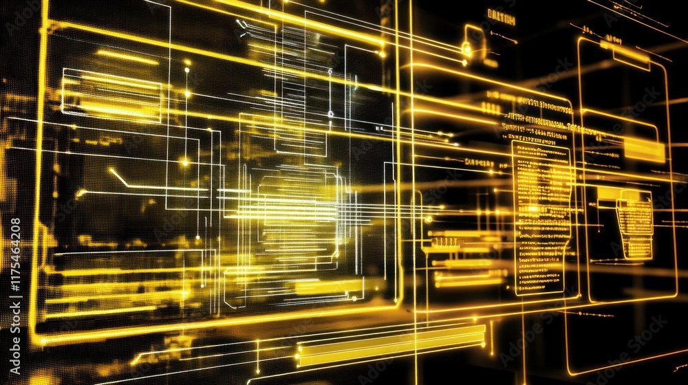Poster abstract digital network: glowing golden circuits and data streams