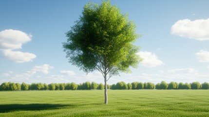 Obraz premium A solitary tree in a lush green field under a clear blue sky.
