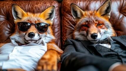 Two dapper foxes, wearing sunglasses and tailored suits, lounging comfortably on a plush leather couch, combining whimsy with elegance in a sophisticated atmosphere.