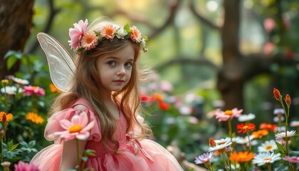 Girl in fairy costume, flower garden, sunlight, portrait, photo, fantasy, child
