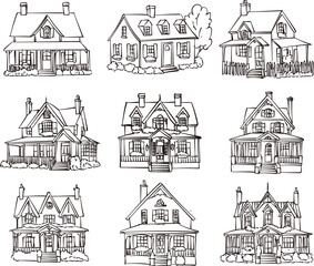 vector sketch of wooden and brick houses