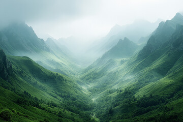 Obraz premium Misty Green Mountains Valley Landscape Scene
