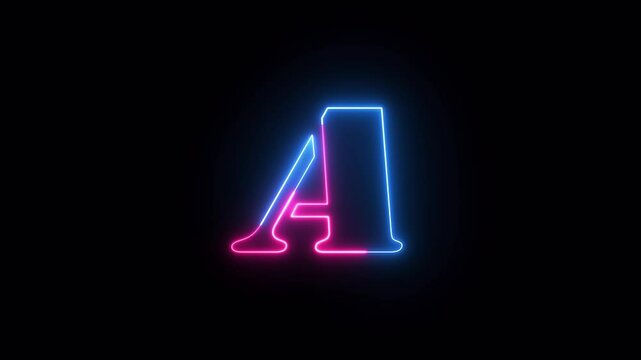 Purple and blue neon font letter A on black background. Neon capital letter alphabet A.
