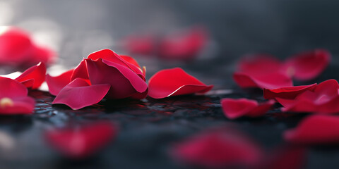 A closeup of delicate red rose petals scattered across a textured dark surface, conveying a sense of romance and transient beauty, captured in soft, diffused light.