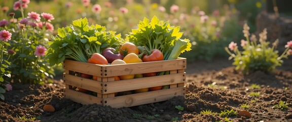 Sunlit Garden Harvest: Colorful Peppers and Herbs in Rustic Wooden Crate
