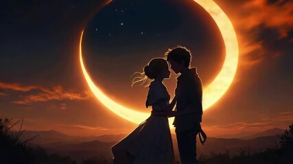 A romantic eclipse creates a dramatic scene, moon sun merging golden halo. couple embraces, silhouetted glowing spectacle, 2D flat anime style illustration, 4k landscape animation video