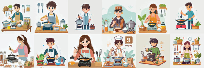 Vector set of a teenager cooking traditional dishes in a simple flat design style