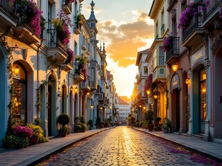 Fototapeta premium A narrow cobblestone street in an old European town - 02