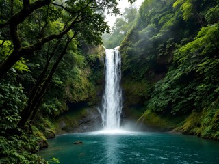 Fototapeta premium A majestic waterfall in the middle of a lush rainforest. The water cascades down a mossy cliff into a natural pool, surrounded by tall trees with dark green leaves. The air feels humid and full of lif